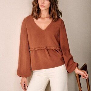 Sezane Bianca Brown Blouse Top Peplum Ruffle Longsleeve camel Shirt Vneck 36 4